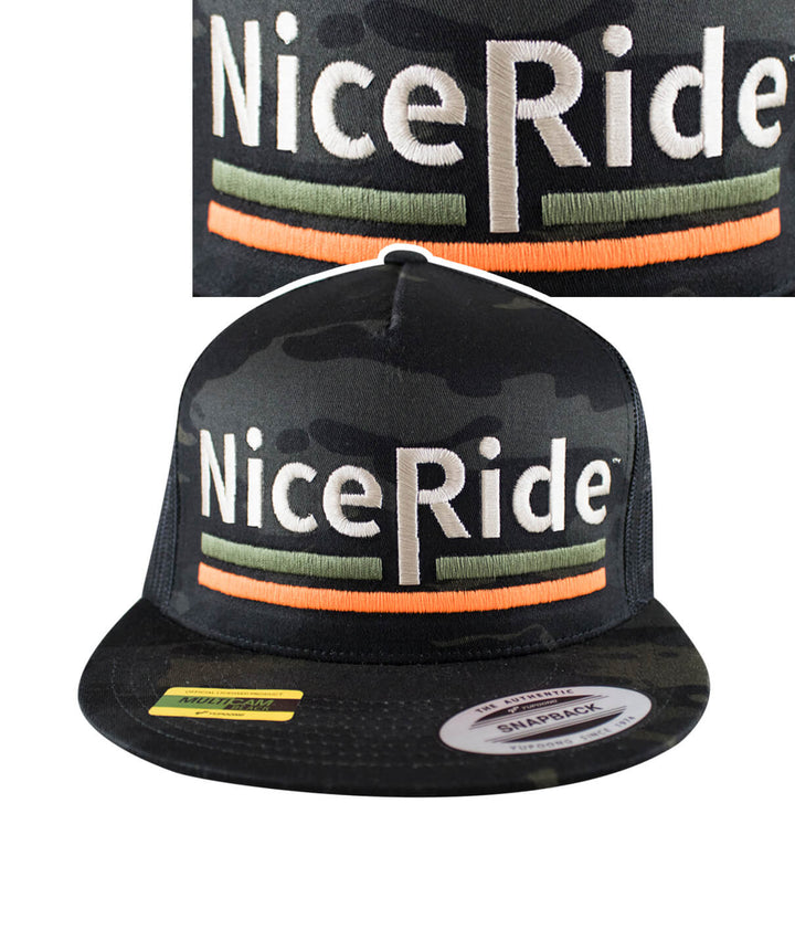 Low Tide trucker hat featuring NiceRide logo on a camouflage pattern, a stylish hat for outdoor wear.
