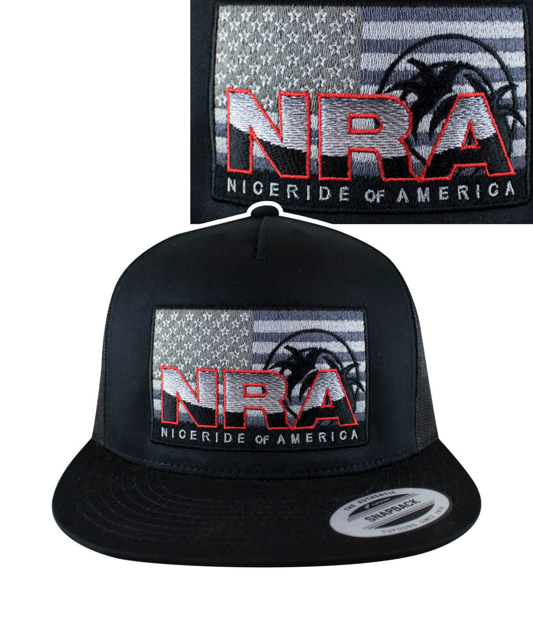 NRA Trucker Hat showing embroidered design and snapback style, perfect for outdoor wear.