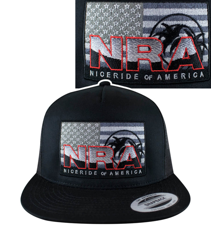 NRA Trucker Hat showing embroidered design and snapback style, perfect for outdoor wear.