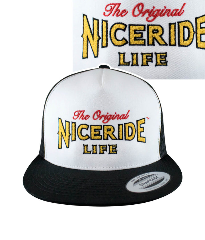 Trucker hat with NICERIDE logo and Life text, featuring a classic snapback design for stylish wear.