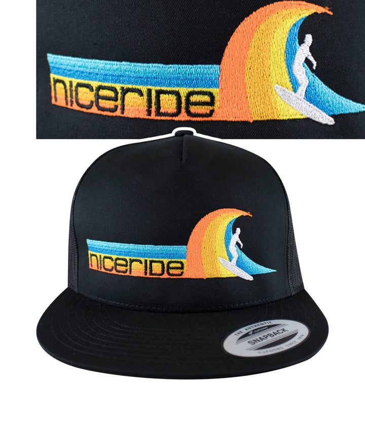 Tasty Waves Trucker Hat featuring NICERIDE embroidered design, classic snapback style hat.