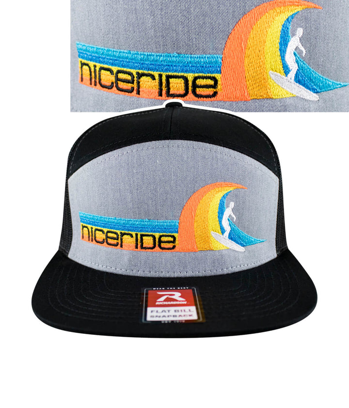 Tasty Waves 7 Panel Unisex Adjustable Trucker Baseball Cap featuring NICERIDE design and embroidery.