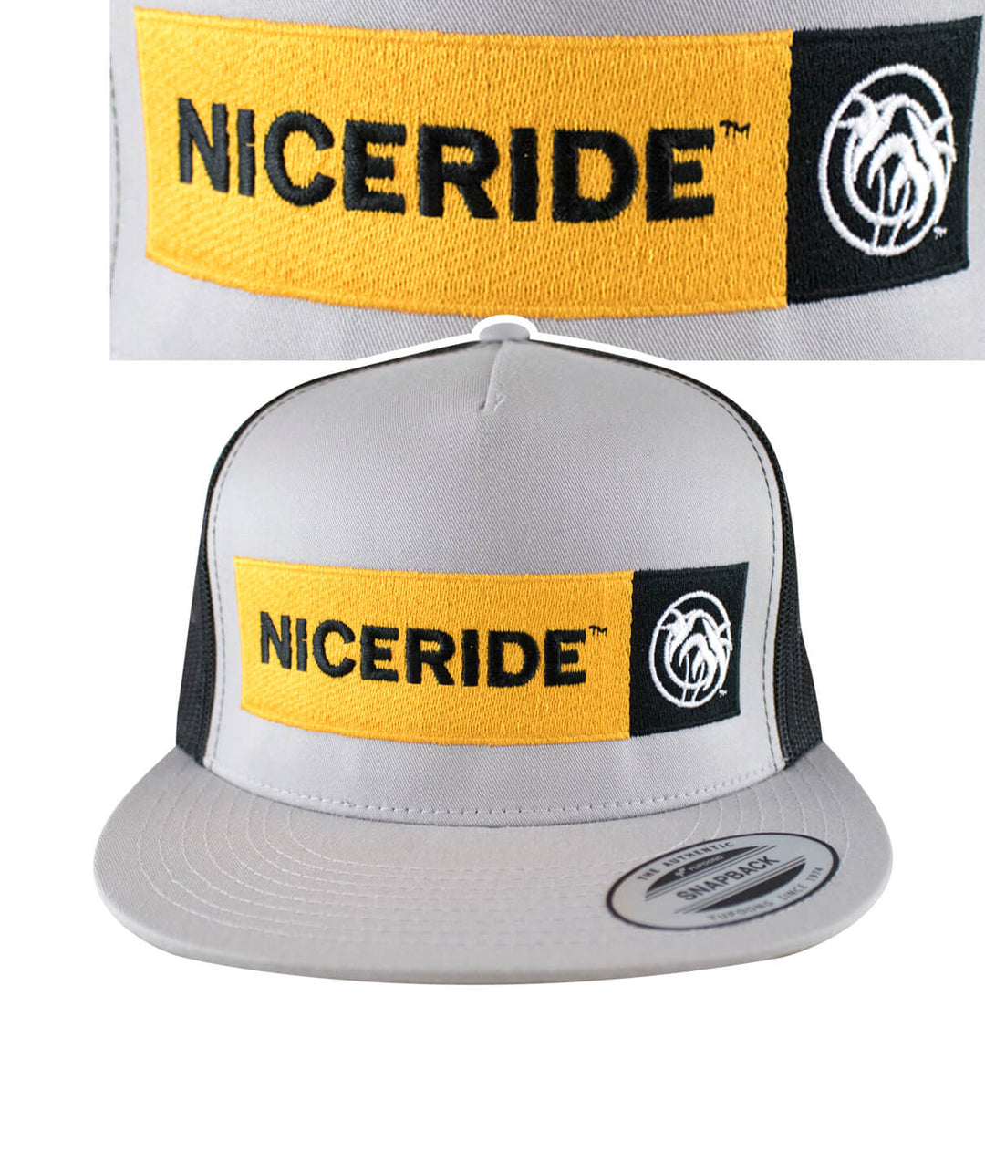 Dozer trucker hat featuring NICERIDE logo in yellow and black on a grey snapback design.