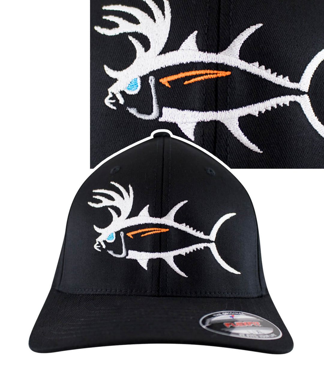 A black baseball hat with a white fish embroidered on it.