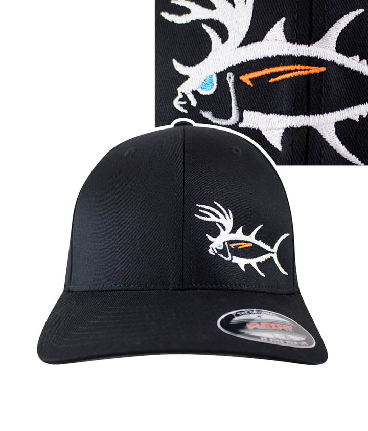 A black hat with a white fish logo on it.