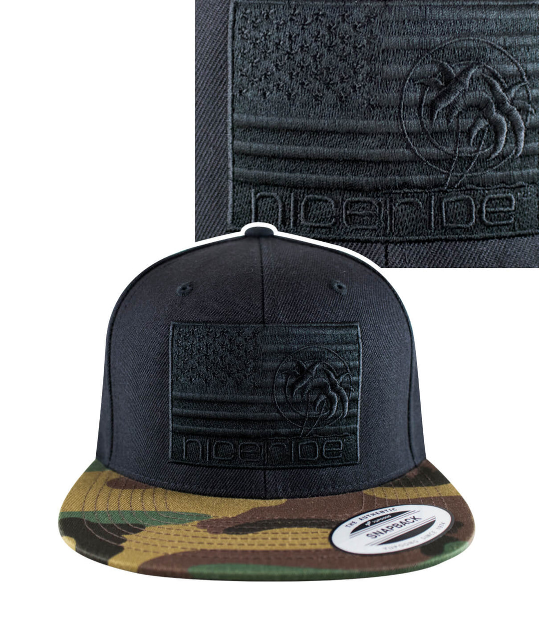 NICERIDE Strong BLACK snapback hat featuring black American flag design and camo brim, stylish and durable hat.