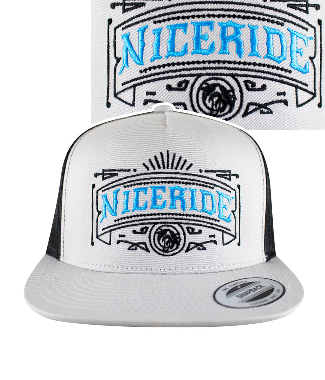 Cholo trucker hat featuring NICERIDE's embroidered logo on a snapback cap with a classic design.