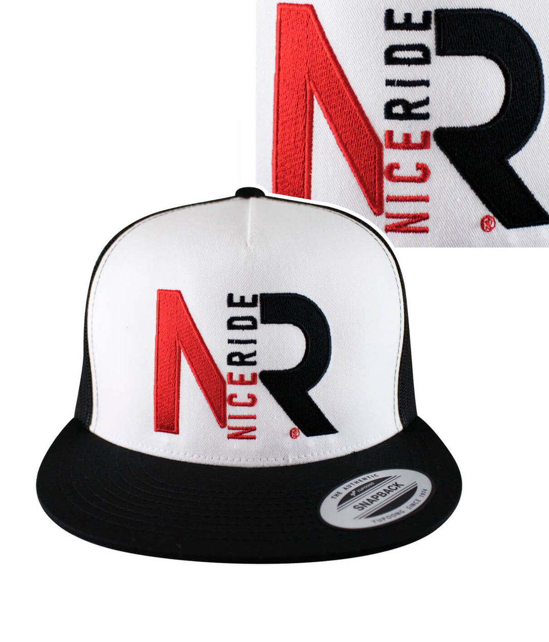 Up Down Trucker Hat featuring NICERIDE's logo embroidered on the front panel, classic snapback design.