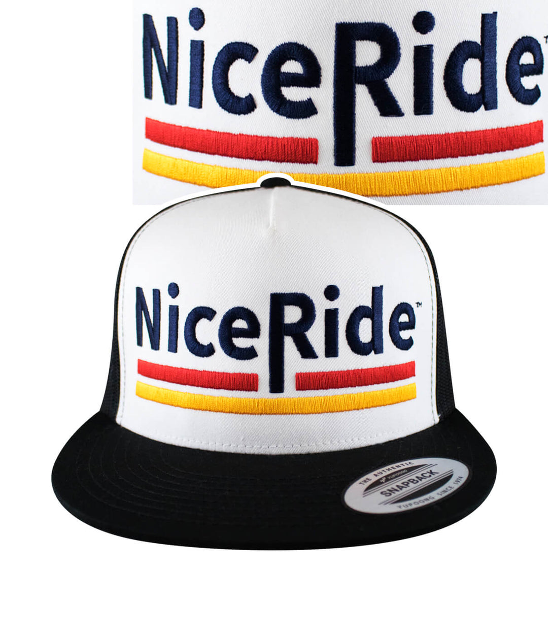 Low Tide Trucker Hat featuring NICERIDE logo embroidered on front and black bill, classic snapback style hat.