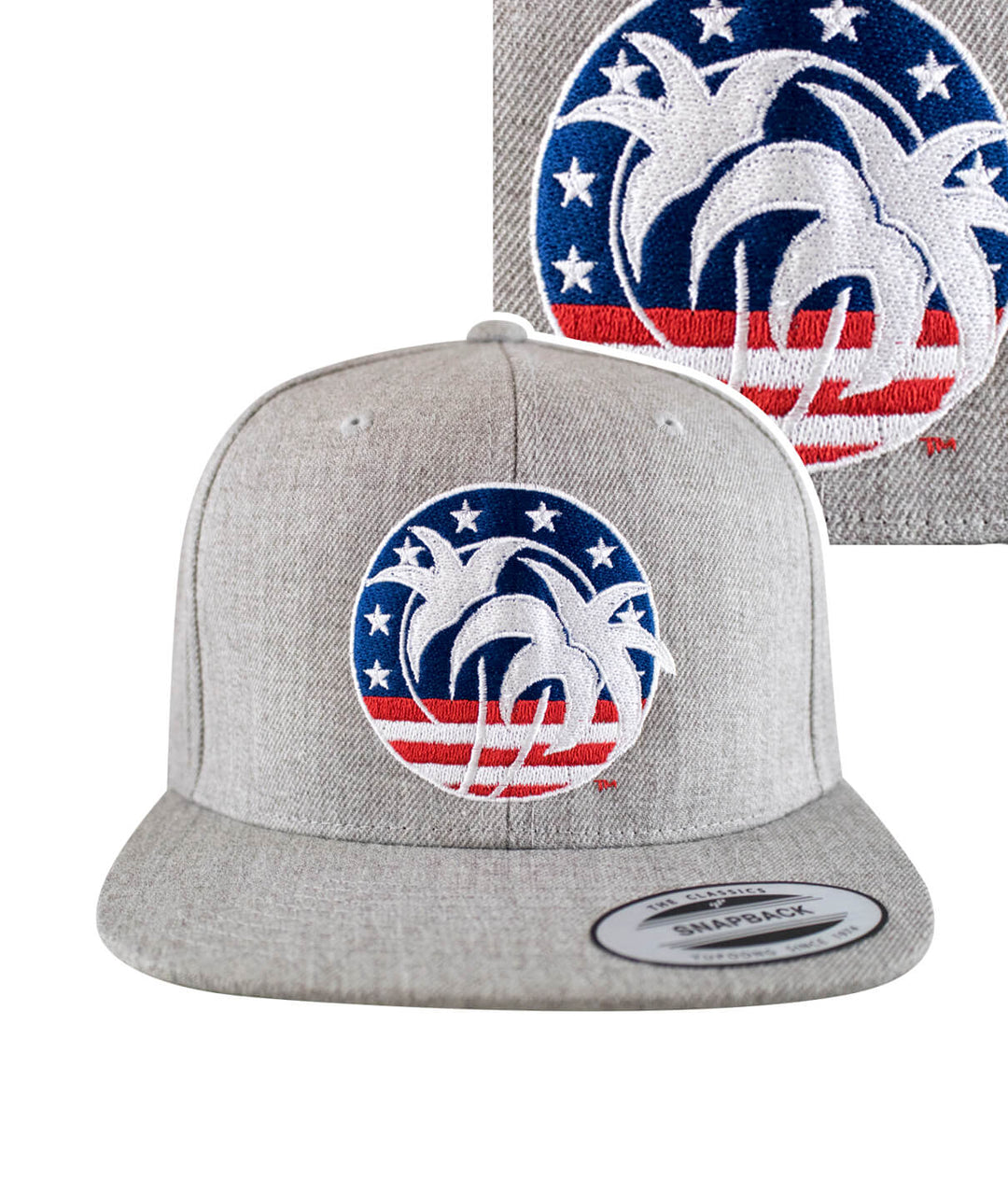 "Spirit of 76" Flatbill Snapback Hat showcasing embroidered palm tree design and stars, perfect patriotic hat.