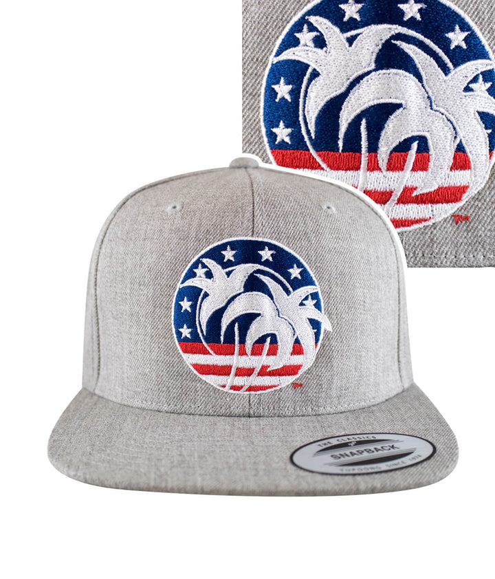 "Spirit of 76" Flatbill Snapback Hat showcasing embroidered palm tree design and stars, perfect patriotic hat.
