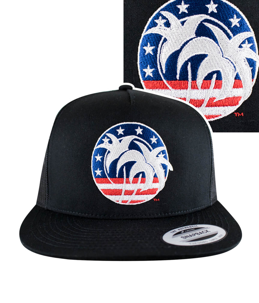 "Spirit of 76" Trucker Hat featuring embroidered palm trees and stars on a classic snapback baseball cap.