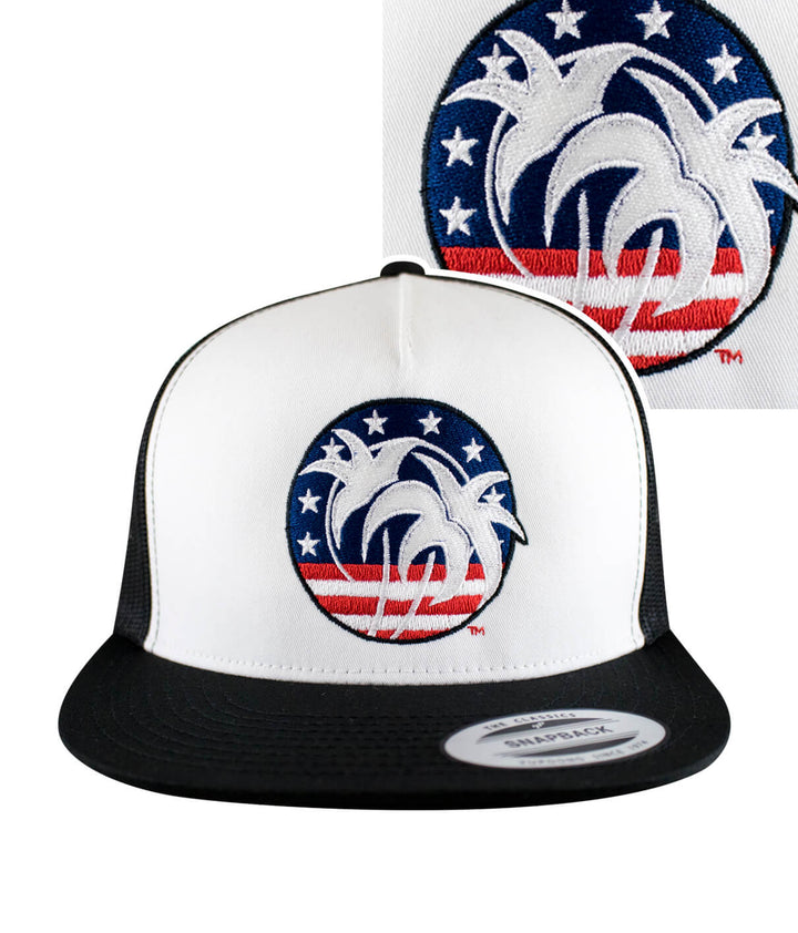 "Spirit of 76" Trucker Hat featuring embroidered palm trees design and patriotic colors, perfect for outdoor wear.