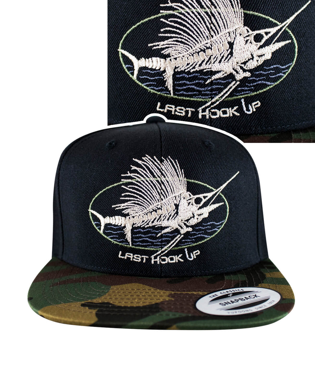 Last Hook Up camo flatbill snapback hat with embroidered design featuring a marlin and the words 'LAST HOOK UP'