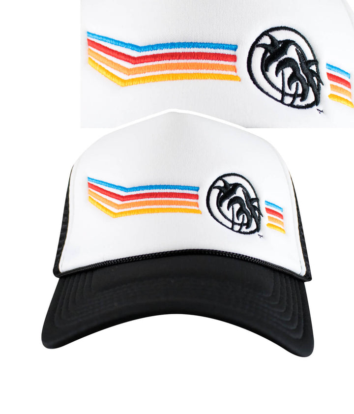 Aquarius Foam Trucker Hat featuring colorful embroidery, representing a stylish baseball cap design.