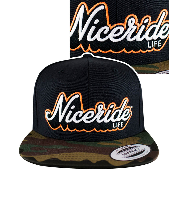 Half Pipe Flatbill Snapback Hat featuring NICERIDE logo, embroidered front, and camo brim, perfect stylish accessory for hat lovers.