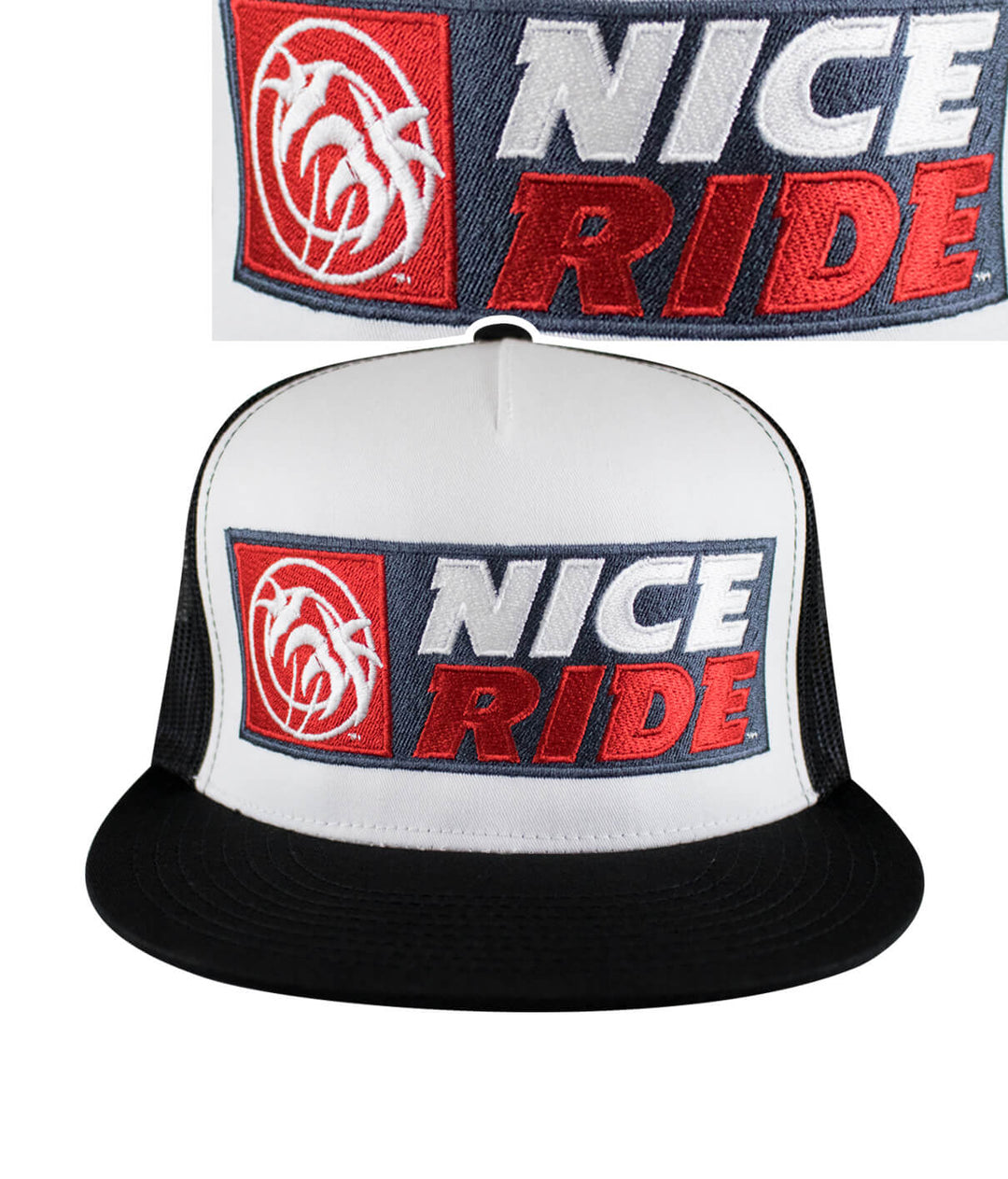 Madera trucker hat featuring NICERIDE design embroidered on front with blacked out classic palm logo on the back. Hat.