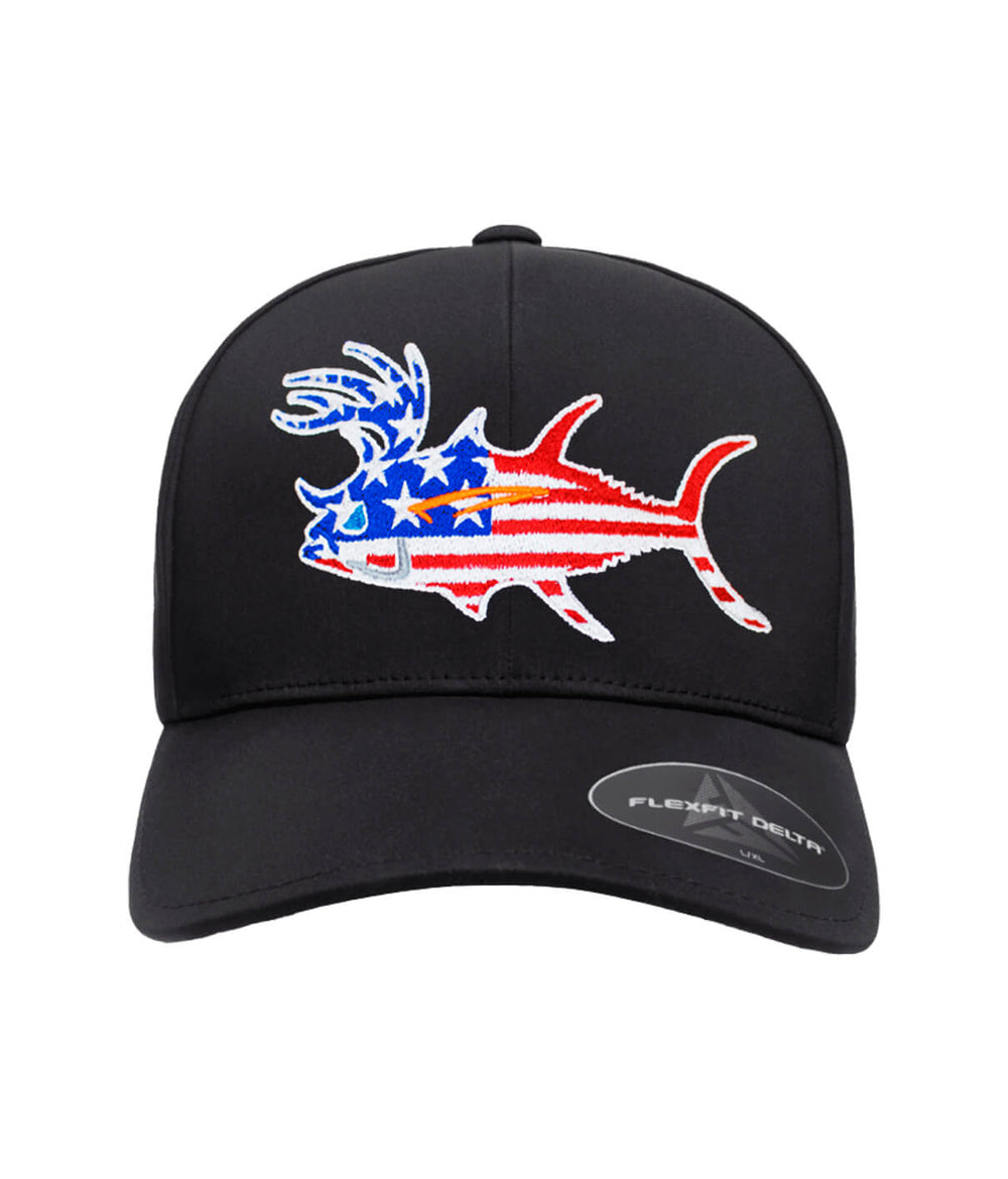 Buck-Eye Glory performance Flexfit hat featuring creative fish design with American flag colors.