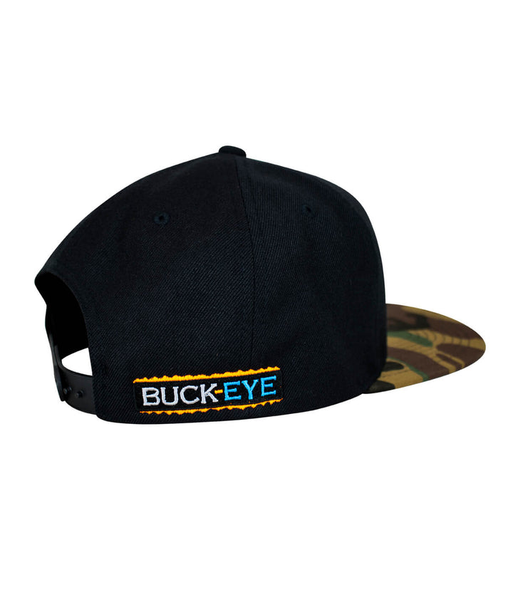 Back view of the "Buck-Eye Explorer" unisex black and camo flatbill snapback hat with embroidered logo.
