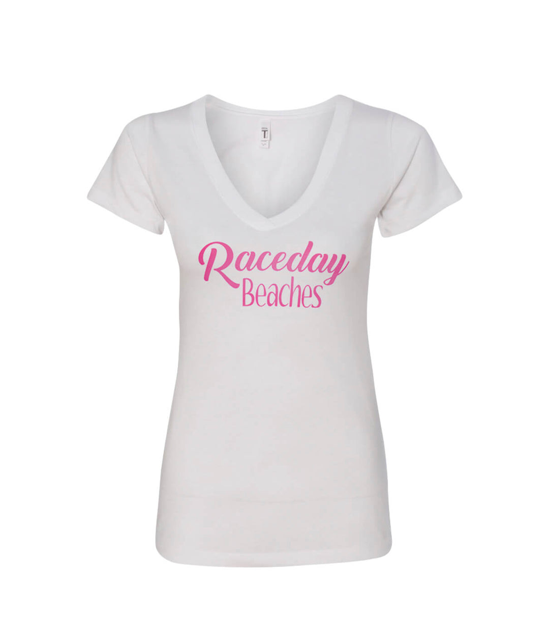 Raceday Beaches V-Neck shirt featuring a pink design on a white background, soft and comfortable for casual wear.