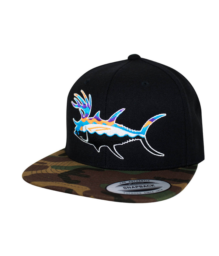 Buck-Eye Explorer unisex black &amp; camo flatbill snapback hat with embroidered fish design.
