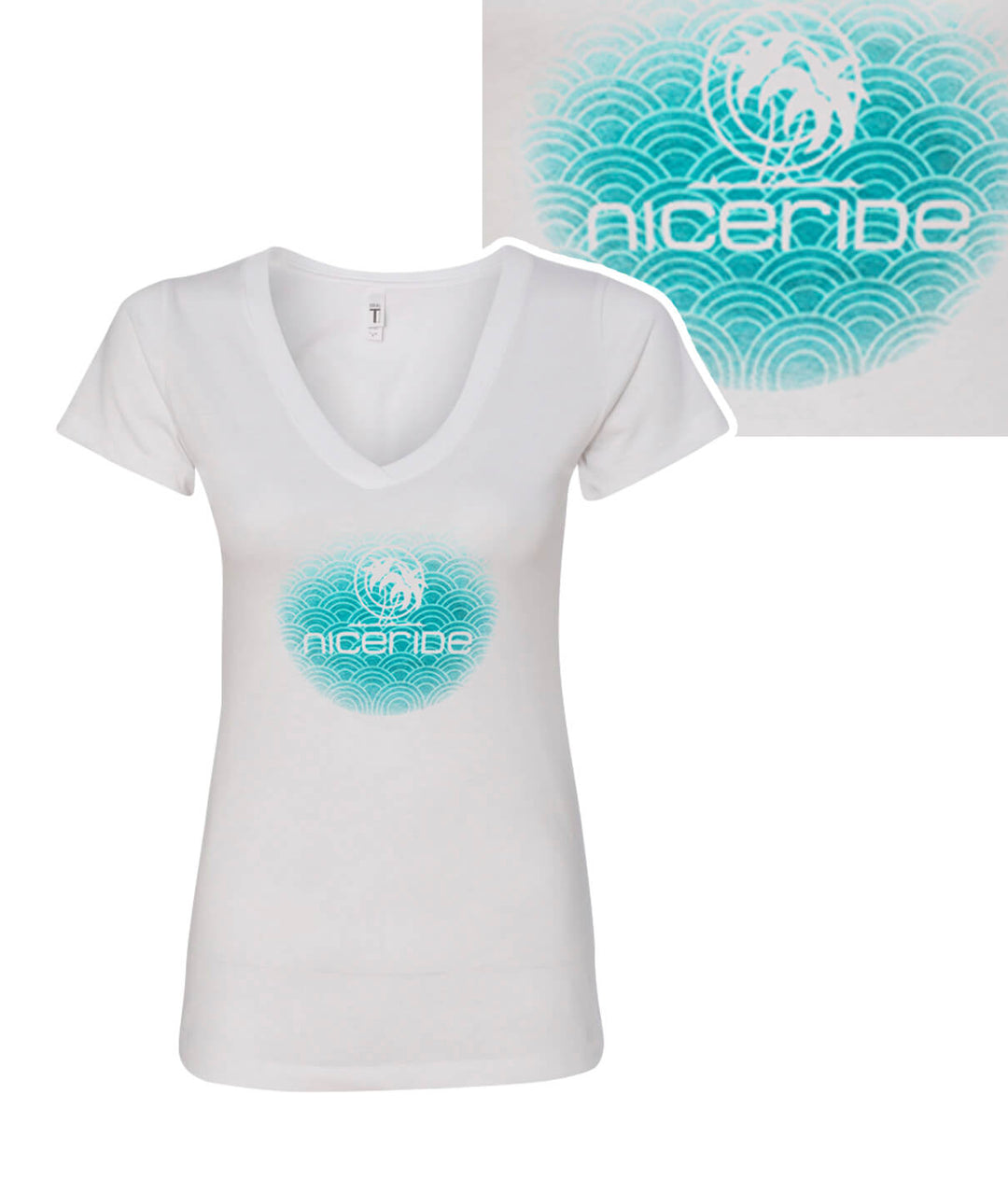Good Vibes shirt featuring NICERIDE logo on a white Next Level V-Neck Shirt, designed for comfort and style.