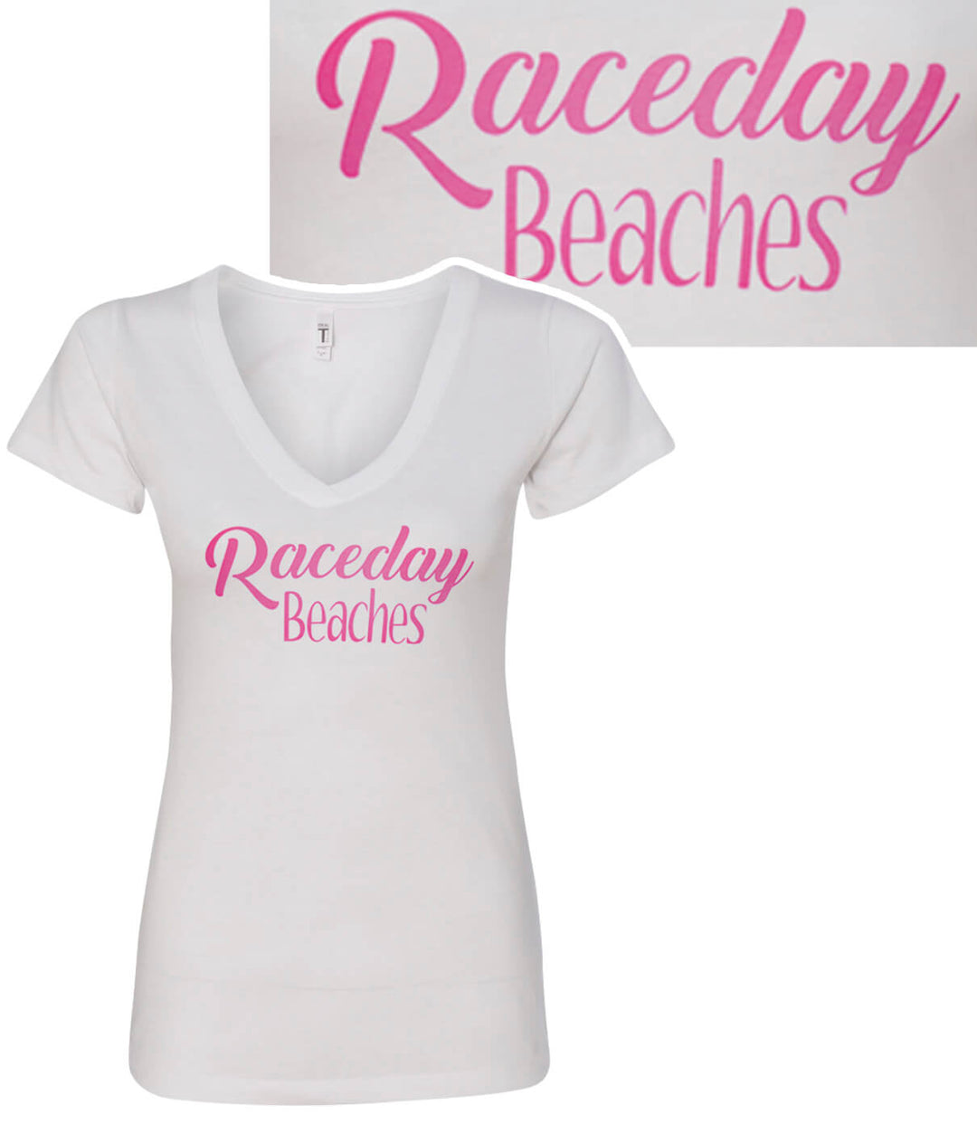 Raceday Beaches V-Neck shirt featuring a soft fabric and colorful printed design on the front.