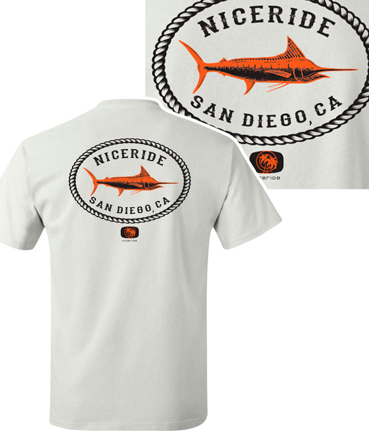 Reeling It In San Diego shirt with orange fish design on back, 100% cotton men&