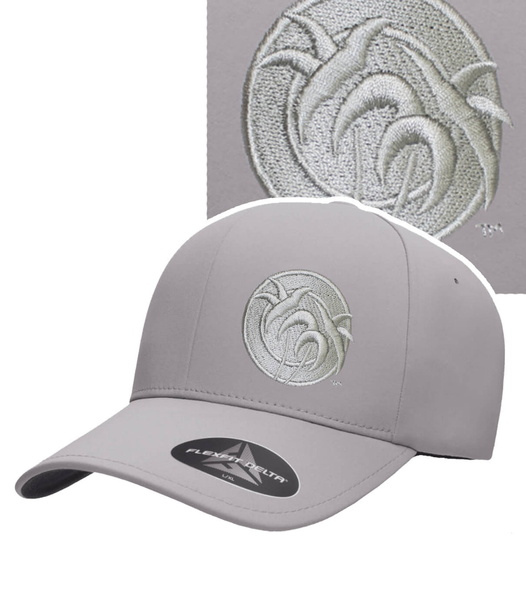 Gray Flexfit baseball hat featuring embroidered &