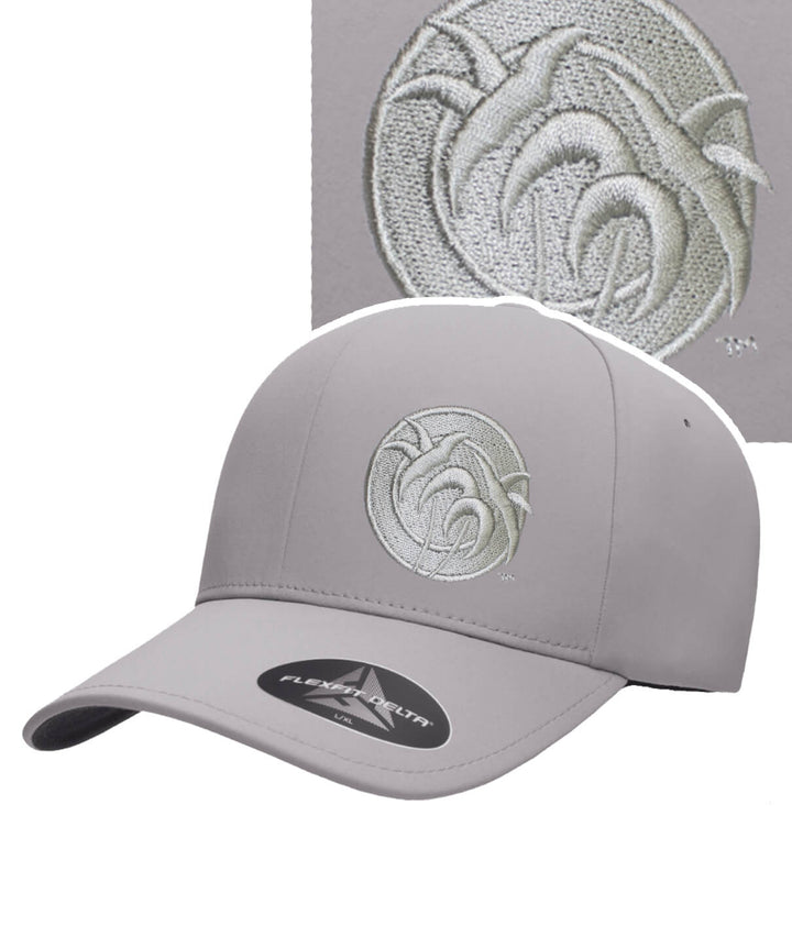 Gray Flexfit baseball hat featuring embroidered &