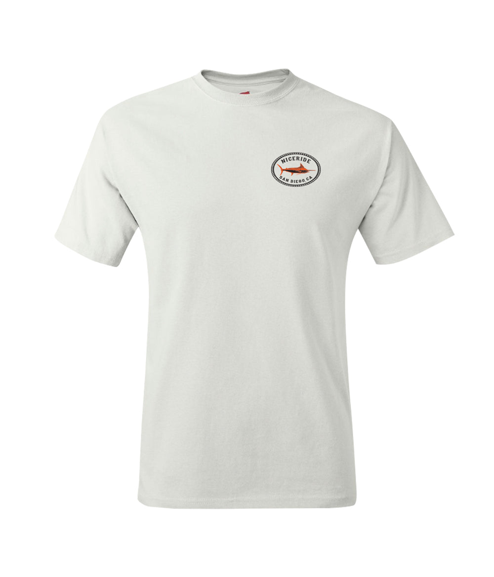 Reeling It In San Diego white 100% cotton men's short sleeve shirt with printed design.