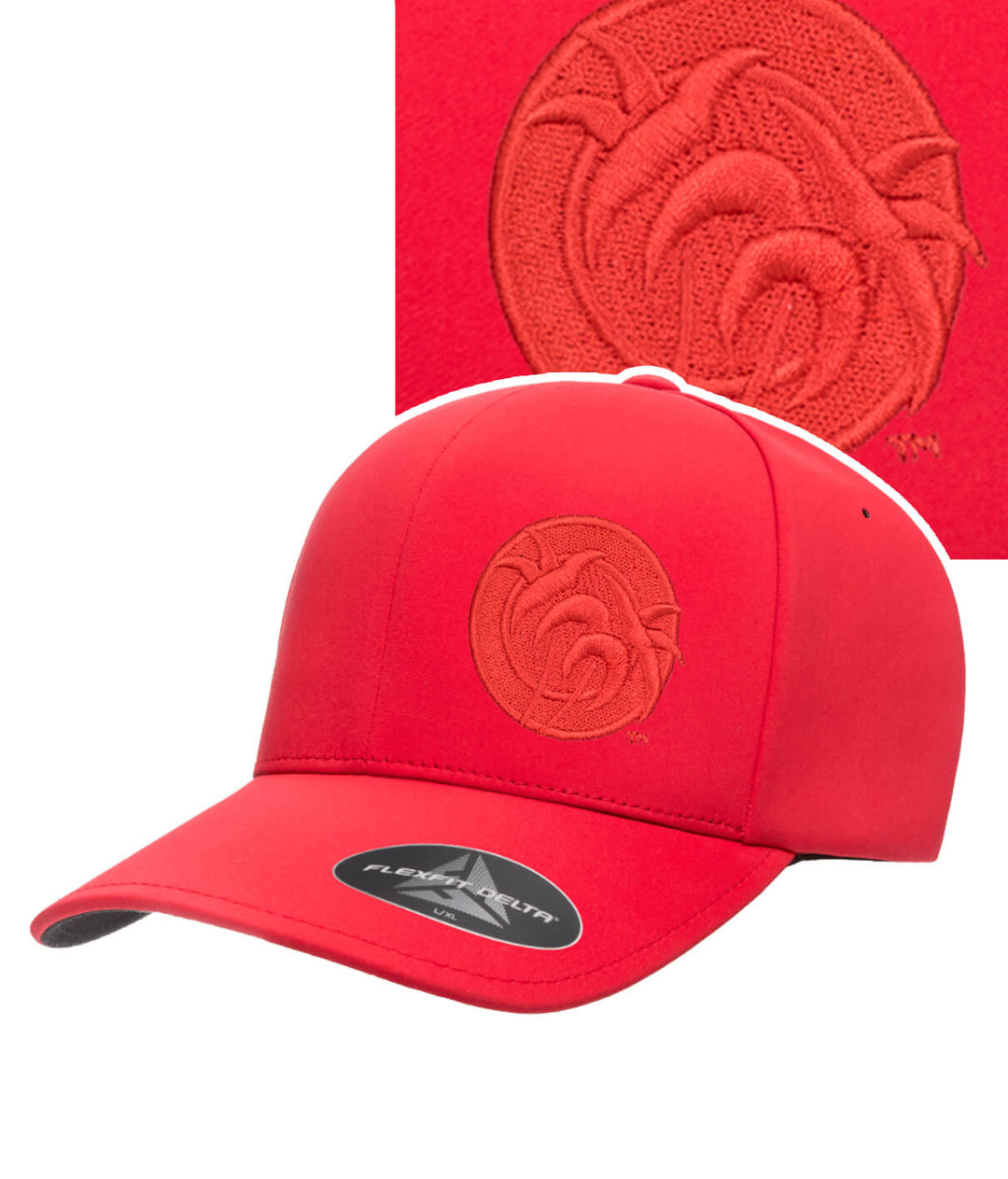 Red Flexfit baseball hat featuring Tone Palm design embroidered on the front left panel for a modern look.