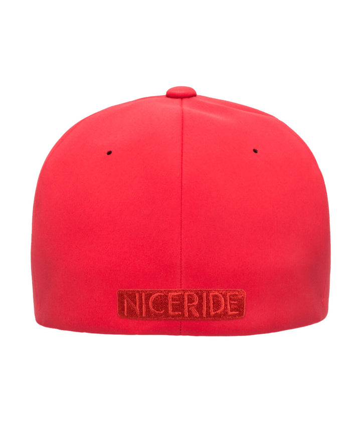 Back view of NICERIDE red Flexfit baseball hat showcasing the embroidered logo.