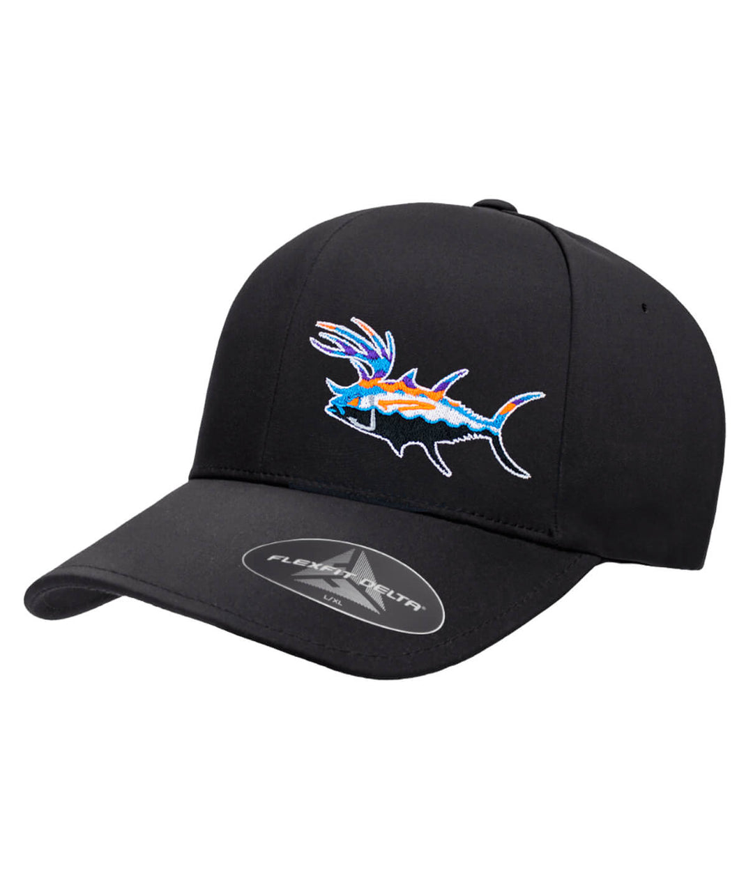 Black Flexfit baseball cap with colorful fish embroidery on front.