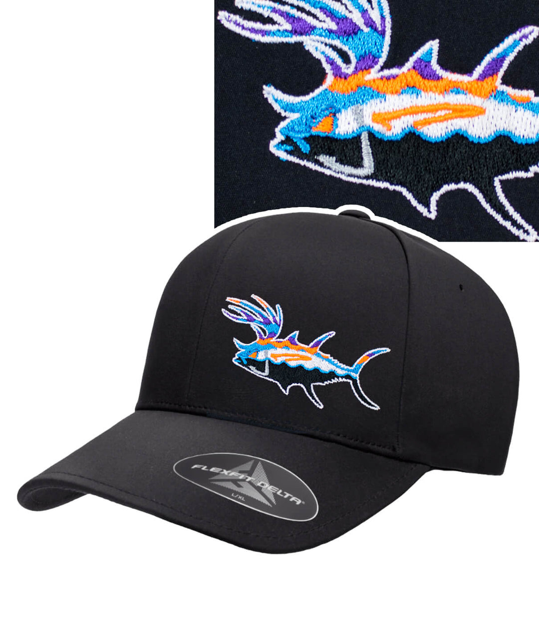 A black baseball cap with a fish embroidered on it.