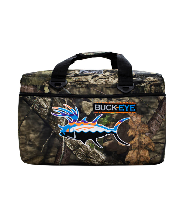 Buck-Eye Explorer soft sided cooler in camouflage design with a fish graphic and embroidered logo.