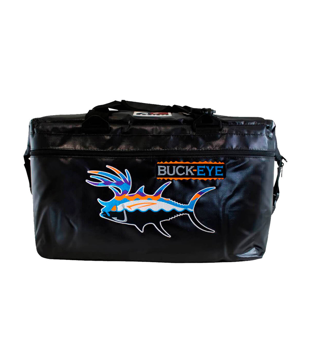 Black soft-sided cooler featuring Buck-Eye logo and colorful fish design, perfect for carrying 36 cans and ice.