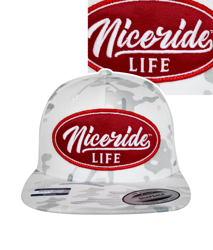 NICERIDE Life snapback hat in white with red embroidered logo, stylish and comfortable unisex design.
