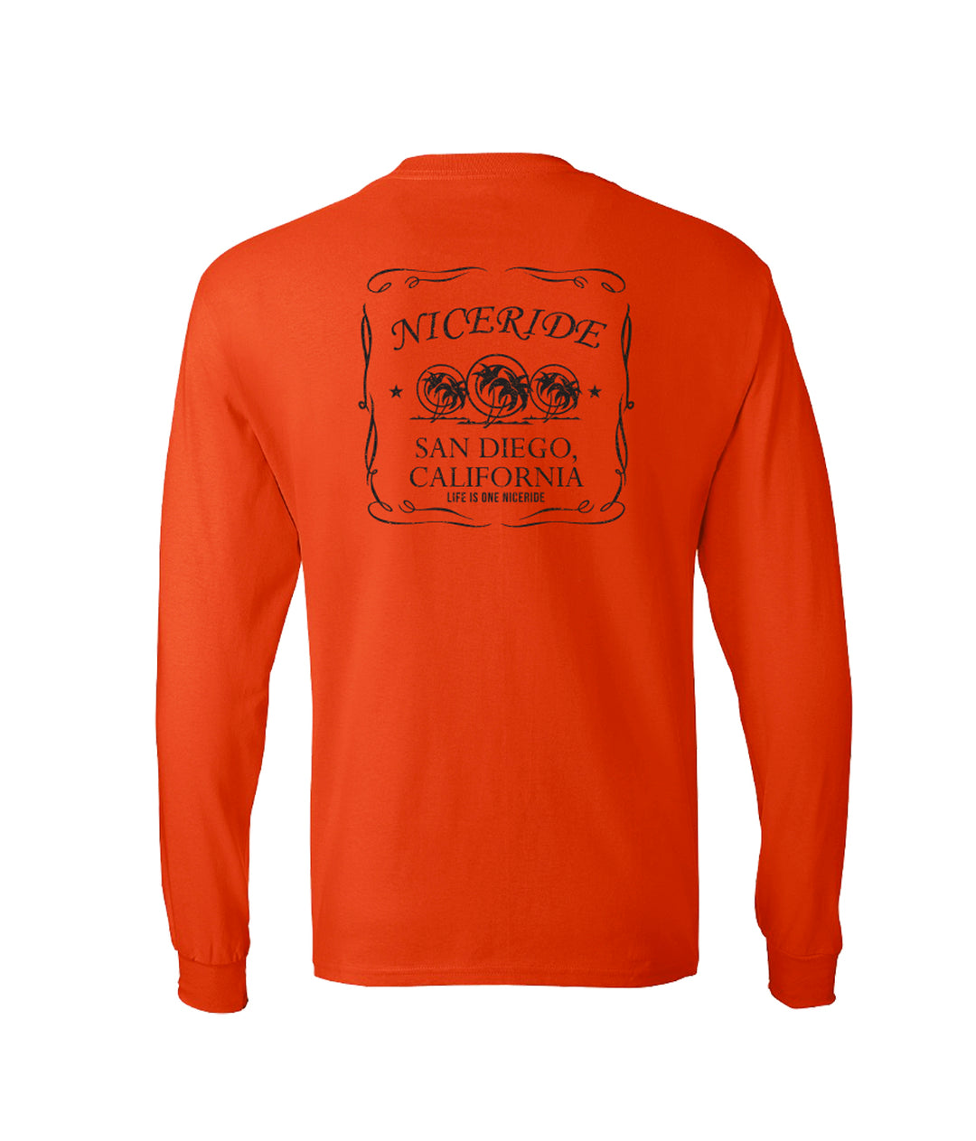 Hanes pre-shrunk 100% cotton long sleeve shirt in orange with NICERIDE design, suitable for various activities.