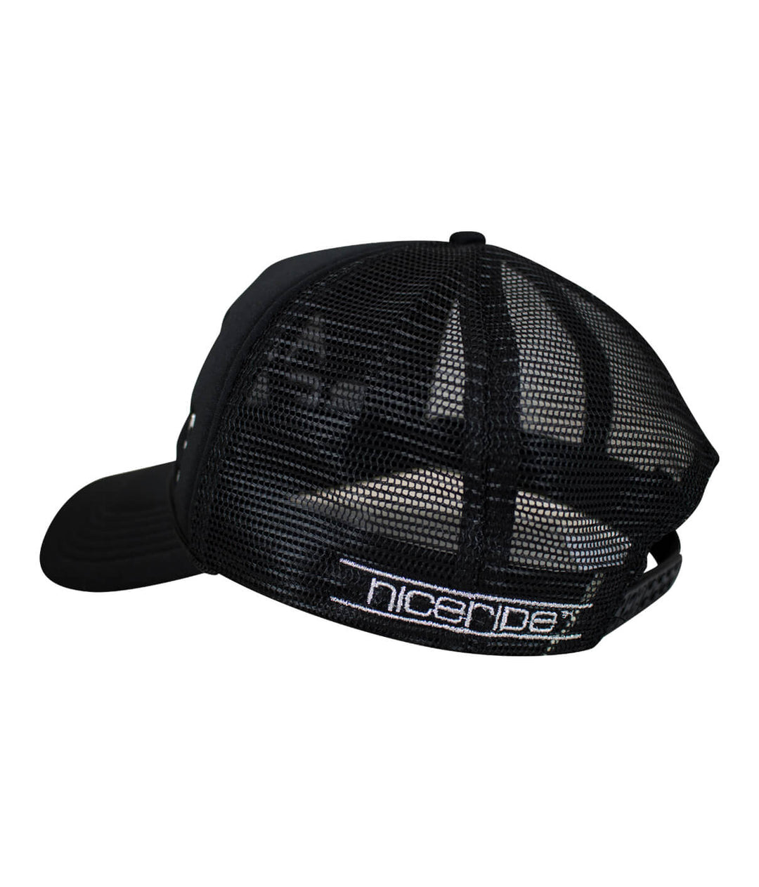 Back view of a foam trucker hat featuring NICERIDE embroidery, perfect for a stylish outdoor look. This hat is great for summer.