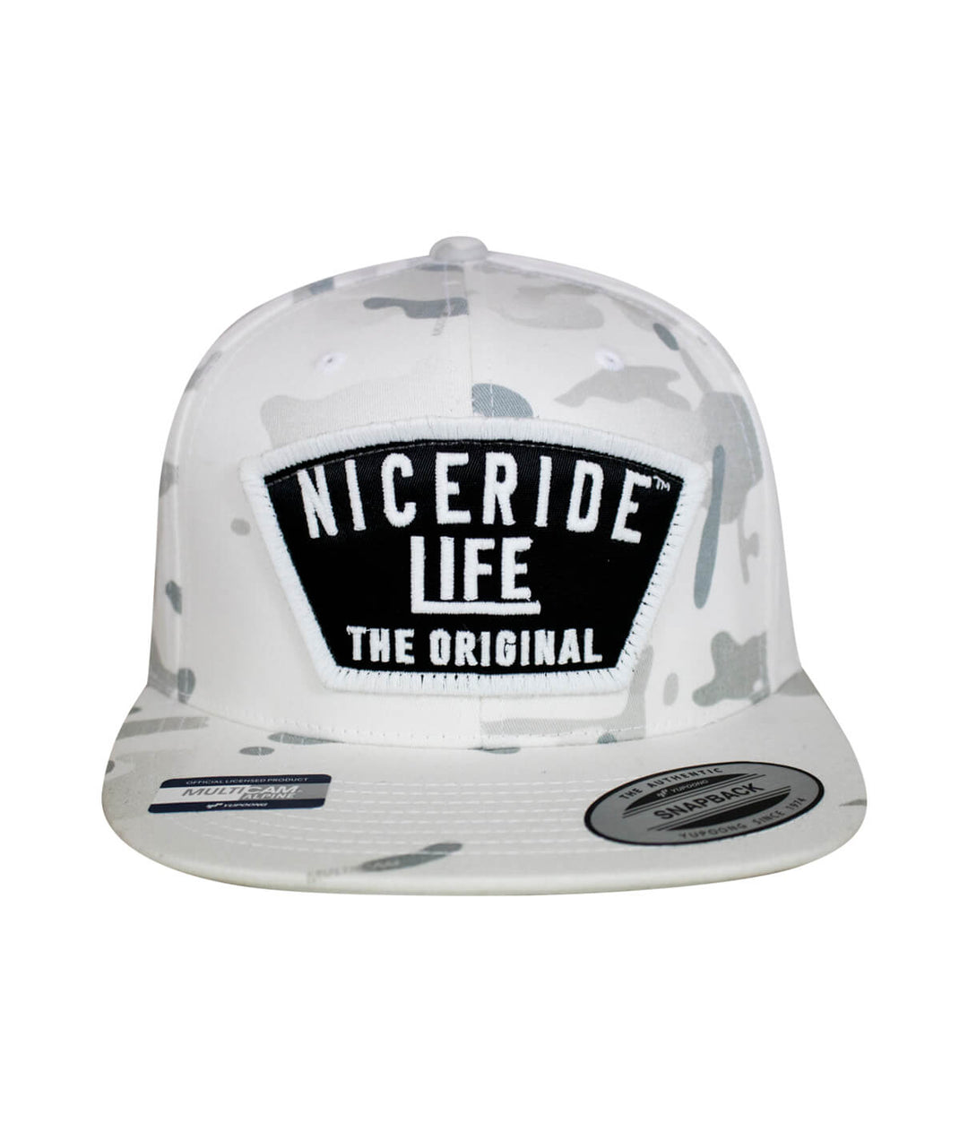 NICERIDE Life snapback hat in white camo with black logo, stylish accessory for casual wear.