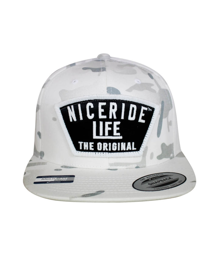 NICERIDE Life snapback hat in white camo with black logo, stylish accessory for casual wear.