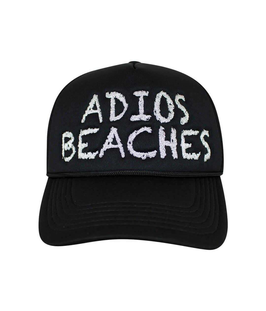 Adios Beaches foam trucker hat featuring embroidered text, perfect for beach lovers looking for a stylish hat.