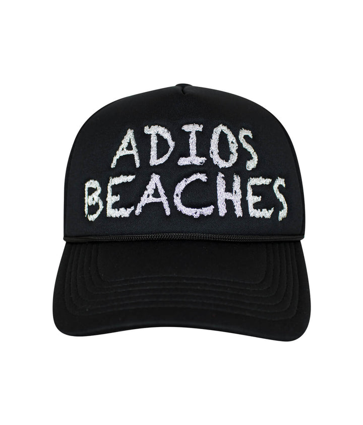Adios Beaches foam trucker hat featuring embroidered text, perfect for beach lovers looking for a stylish hat.