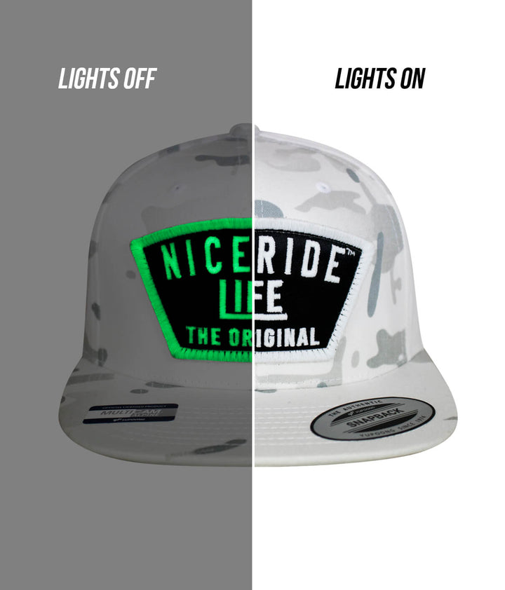 NICERIDE Grinder hat showing glowing effect with lights on and off, highlighting the unique design and quality of the unisex adjustable snapback.
