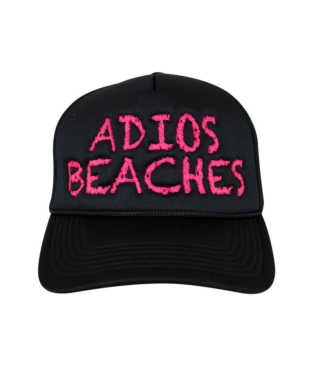 Adios Beaches foam trucker hat with vibrant pink embroidery on the front panel, perfect for beach lovers. Hat.