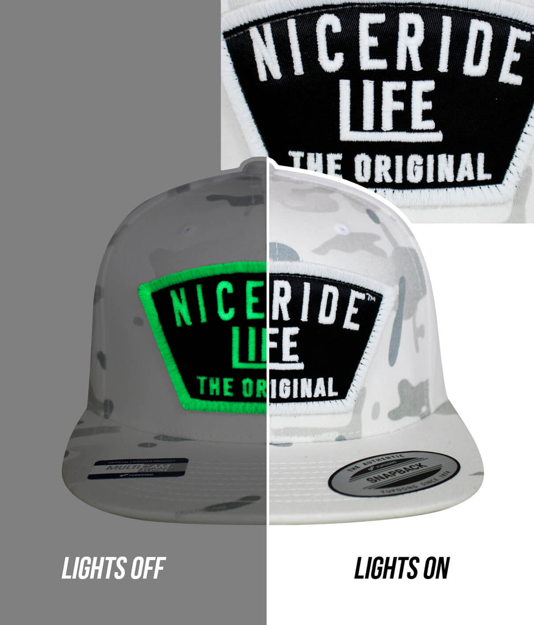 NICERIDE Grinder snapback hat with glow-in-the-dark logo, displayed with lights off and on.