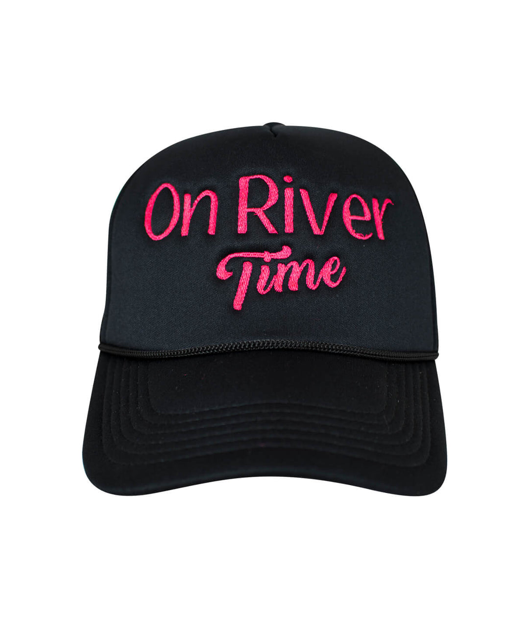 On River Time Foam Trucker Hat, baseball cap with embroidered text.