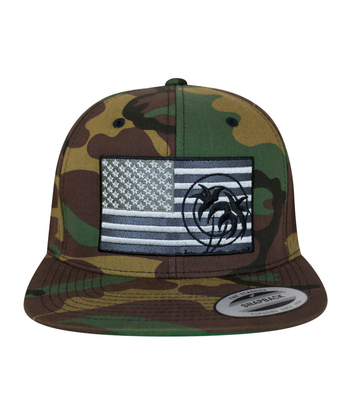 Camo snapback hat featuring a flag design and palm embroidery, perfect for outdoor activities and fashion, promoting the Hat.