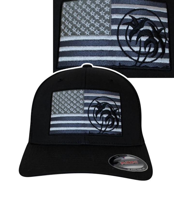 Strong Meshback Flexfit Hat featuring American flag design and NICERIDE embroidery on front.
